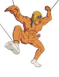 Rule 34 | absurdres, axel stone, bdsm, blonde hair, bondage, bound, erection, highres, large penis, male focus, penis, socks, solo, spread legs, streets of rage, streets of rage 4, transparent background, white socks