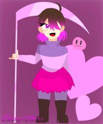 Rule 34 | akumu (glitchtale), bete noire, boots, brown hair, glitchtale, pink background, pink eyes, pink hair, pink heart, pink shirt, pink skirt, purple shirt, scythe, shirt, short hair, skirt, smile