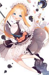 Rule 34 | 1girl, :d, abigail williams (fate), abigail williams (festival outfit) (fate), absurdres, arrow (tamawo222), black dress, black footwear, blonde hair, blue eyes, blush, braid, butterfly hair ornament, commentary request, cookie, dress, fate/grand order, fate (series), food, forehead, hair ornament, highres, keyhole, long hair, long sleeves, official alternate costume, open mouth, parted bangs, shirt, shoes, sidelocks, simple background, sleeveless, sleeveless dress, sleeves past fingers, sleeves past wrists, smile, solo, stuffed animal, stuffed toy, teddy bear, teeth, tentacles, upper teeth only, very long hair, white background, white shirt