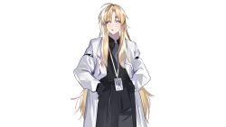 Rule 34 | 1boy, bishounen, blonde hair, blue eyes, closed mouth, coat, hair between eyes, hands in pockets, highres, id card, lanyard, long hair, male focus, mouth hold, nykim0915, open clothes, open coat, original, simple background, solo, white background, white coat