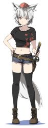 Rule 34 | 1girl, alternate costume, animal ears, black thighhighs, boots, breasts, contemporary, full body, hand on own hip, hat, inubashiri momiji, kamukamu (ars), katana, looking at viewer, midriff, navel, red eyes, short hair, shorts, silver hair, simple background, solo, sword, tail, team shanghai alice, thighhighs, tokin hat, touhou, weapon, white background, wolf ears, wolf tail