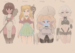 4girls absurdres alternate_costume bare_shoulders blonde_hair blue_skin breasts briar_(league_of_legends) brown_hair brown_thighhighs cafin cleric colored_skin cropped_legs dress grey_hair highres holding holding_staff knight league_of_legends medium_breasts multiple_girls navel no_panties original pointy_ears poppy_(league_of_legends) poppy_(poppytartart) rogue sharp_teeth short_hair shorts smile staff stomach taliyah teeth thighhighs twintails white_dress wizard yordle