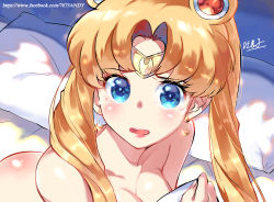 Rule 34 | ass, back, bishoujo senshi sailor moon, blonde hair, blue eyes, blush, breasts, covering privates, earrings, highres, jewelry, meme, moon (ornament), naked towel, nude, open mouth, sailor moon, sailor moon redraw challenge (meme), towel, tsukino usagi, user twrz7857