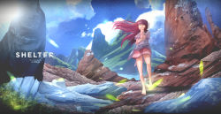 Rule 34 | 1girl, absurdres, artist name, barefoot, blurry, bow, cloud, day, depth of field, dress, faiz azhar, full body, grass, highres, ice, kyokaz, landscape, looking to the side, mountain, outdoors, purple eyes, purple hair, purple skirt, rin (shelter), scenery, shelter (song), skirt, sky, snow, solo, standing, sun, sunlight, tablet pc, tears, title, watermark, white dress, wide shot, wind