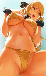 Rule 34 | 1girl, bikini, blonde hair, breasts, cleavage, covered erect nipples, creatures (company), cynthia (pokemon), from below, game freak, large breasts, long hair, looking at viewer, looking down, narisokonai (mmmikedaya), navel, nintendo, open mouth, pokemon, pokemon dppt, scrunchie, smile, solo, stomach, string bikini, swimsuit, wrist scrunchie, yellow bikini