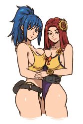 Rule 34 | 2girls, akairiot, ass, bare shoulders, bikini, black gloves, blue eyes, blue hair, breast press, breasts, cleavage, crossover, earrings, flower, gloves, highres, jewelry, large breasts, league of legends, leona (league of legends), leona heidern, leotard, long hair, looking at viewer, multiple girls, name connection, ponytail, red hair, swimsuit, tank top, the king of fighters