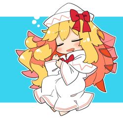 Rule 34 | 1girl, barefoot, blonde hair, blush, capelet, closed eyes, dress, drooling, fairy, fairy wings, hat, ini (inunabe00), lily white, long hair, long sleeves, mouth drool, open mouth, solo, touhou, white capelet, white dress, white hat, wide sleeves, wings