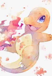 Rule 34 | blue eyes, charmander, claws, commentary request, creatures (company), fangs, fire, flame-tipped tail, game freak, gen 1 pokemon, highres, looking at viewer, neejyu, nintendo, no humans, open mouth, pokemon, pokemon (creature), solo, tongue, white background