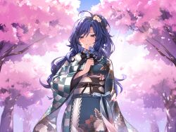 Rule 34 | 1girl, absurdres, ahoge, annno ans, black ribbon, blue eyes, blue flower, blue hair, blue sky, checkered clothes, checkered kimono, cherry blossoms, cherry tree, dark blue hair, falling petals, floral print, flower, grin, hair flower, hair ornament, hand up, highres, holding, holding flower, japanese clothes, kimono, long hair, looking at viewer, neck ribbon, obi, one side up, outdoors, petals, pink flower, print kimono, ribbon, sash, sawami yuzu, sky, smile, solo, toki production, upper body, virtual youtuber, wide sleeves