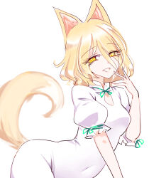 Rule 34 | 1girl, animal ears, blonde hair, commentary, covered navel, fox ears, fox tail, green ribbon, hair between eyes, highres, kudamaki tsukasa, open mouth, raptor7, ribbon, romper, short hair, short sleeves, simple background, smile, solo, symbol-only commentary, tail, touhou, upper body, white background, white romper, yellow eyes