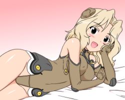 Rule 34 | 10s, 1girl, bare shoulders, bed, blonde hair, blue eyes, blush, breasts, covered erect nipples, girls und panzer, groin, kay (girls und panzer), long hair, looking at viewer, lying, on side, open mouth, shiraki (the perfect world), smile, solo