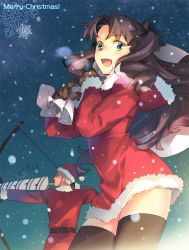 Rule 34 | 1boy, 1girl, :d, aiming, archer (fate), arrow (projectile), black thighhighs, bow, bow (weapon), brown hair, english text, fate/stay night, fate (series), gloves, green eyes, hair bow, hat, long hair, long sleeves, looking at viewer, merry christmas, miyata (niji miyapunya), open mouth, sack, santa costume, santa hat, smile, snowflakes, snowing, thighhighs, tohsaka rin, two side up, weapon, white hair, zettai ryouiki