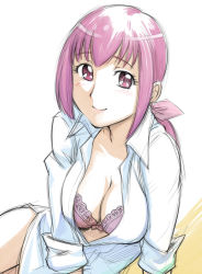 Rule 34 | 10s, 1girl, blush, bow, bra, breasts, cleavage, eyelashes, hair bow, hoshizora ikuyo, large breasts, open clothes, open shirt, pink eyes, pink hair, ponytail, precure, shirt, sleeves rolled up, smile, smile precure!, solo, ueyama michirou, underwear