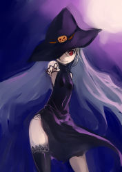 Rule 34 | 1girl, absurdres, bare shoulders, black dress, black thighhighs, breasts, dress, halloween, halterneck, hat, hat over one eye, highres, johan (johan13), long hair, original, pointing, pointing at viewer, red eyes, side slit, silver hair, single thighhigh, sleeveless, sleeveless dress, small breasts, solo, thighhighs, very long hair, witch hat