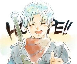 Rule 34 | 10s, 1boy, blue hair, closed eyes, dragon ball, dragon ball super, dragonball z, english text, jacket, kerchief, male focus, official style, open mouth, petagon, short hair, simple background, smile, solo, sword, tears, text background, text focus, trunks (dragon ball), trunks (future) (dragon ball), weapon, white background