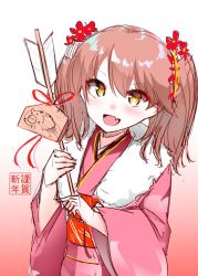 Rule 34 | 1girl, arrow (projectile), bad id, bad twitter id, boar, brown eyes, brown hair, commentary request, ema, fang, fur-trimmed kimono, fur trim, furisode, gradient background, hamaya, japanese clothes, kantai collection, kimono, kirigakure (kirigakure tantei jimusho), long hair, looking at viewer, new year, one-hour drawing challenge, open mouth, pink background, pink kimono, ryuujou (kancolle), smile, solo, twintails, white background
