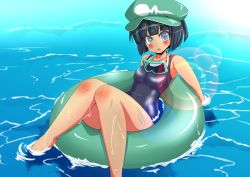 Rule 34 | 1girl, armpits, black hair, blush, dark haired kappa, diving mask, extra, female focus, goggles, grey eyes, hat, hatsuse rui, innertube, kappa mob (touhou), lens flare, looking at viewer, school swimsuit, sitting, solo, swim ring, swimsuit, tan, touhou, water, wet