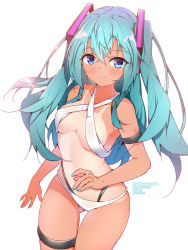 Rule 34 | 1girl, alternate costume, aqua hair, aqua nails, artist name, bare shoulders, bikini, blue eyes, blush, closed mouth, criss-cross halter, crossed bangs, gluteal fold, hair between eyes, halkawa501, halterneck, hatsune miku, highres, legband, long hair, looking at viewer, midriff, nail polish, open hands, solo, standing, swimsuit, tan, tanline, twintails, vocaloid, watermark, white background