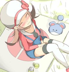 Rule 34 | 1girl, animal ears, between legs, black eyes, blue shorts, blush, bow, brown hair, closed eyes, collarbone, creatures (company), cup, drink, embarrassed, from above, game freak, gen 2 pokemon, grass, hand between legs, hat, have to pee, knees together feet apart, lyra (pokemon), marill, mat, muroi (fujisan0410), nintendo, outdoors, overalls, picnic, pokemon, pokemon (creature), red bow, shoes, short hair, short twintails, shorts, sitting, steam, suspenders, sweat, tail, tea, teacup, tears, text focus, thermos, thigh strap, thighhighs, trembling, twintails, white headwear, white thighhighs, zettai ryouiki
