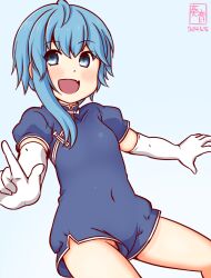 Rule 34 | alternate costume, artist logo, asymmetrical hair, blue background, blue dress, blue eyes, blue hair, china dress, chinese clothes, covered navel, dated, dress, fang, flat chest, gloves, index finger raised, kanon (kurogane knights), kantai collection, looking at viewer, minazuki (kancolle), one-hour drawing challenge, short hair, skin fang, white gloves