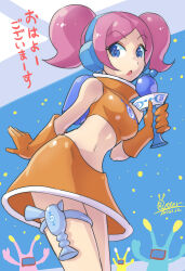 Rule 34 | 1girl, alien, blue eyes, breasts, crop top, elbow gloves, gloves, gun, headphones, headset, highres, looking at viewer, medium breasts, microphone, midriff, navel, open mouth, orange gloves, oyster (artist), pink hair, short hair, skirt, sleeveless, solo, space channel 5, twintails, ulala, weapon