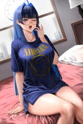 Rule 34 | 1girl, ;o, absurdres, alternate costume, bed, blue hair, blunt bangs, breasts, glasses, hair intakes, halo, hand up, highres, hololive, hololive english, large breasts, long hair, nirvana (band), no pants, on bed, one eye closed, ouro kronii, pillow, shirt, sitting, solo, steb, straight hair, t-shirt, thighs, virtual youtuber, window, yawning