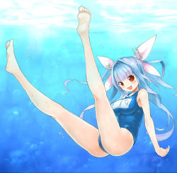 Rule 34 | 10s, 1girl, :d, barefoot, blue hair, bow, breasts, bubble, feet, full body, hair bow, highres, i-19 (kancolle), kantai collection, large breasts, legs, long hair, name tag, okitsugu, one-piece swimsuit, open mouth, red eyes, school swimsuit, smile, soles, solo, swimsuit, underwater
