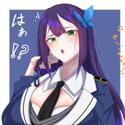 Rule 34 | 1girl, arm at side, assault lily, black necktie, blue background, blue jacket, blunt bangs, border, braid, breasts, butterfly hair ornament, commentary, detached collar, epaulettes, funada kiito, green eyes, hair ornament, hand in own hair, hand up, head tilt, highres, jacket, large breasts, long sleeves, looking at viewer, nanakusa yukiusagi, necktie, notice lines, open mouth, outside border, purple hair, side braid, simple background, single braid, solo, translated, white border