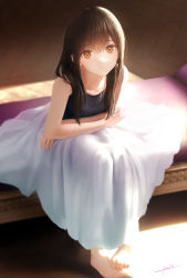 Rule 34 | 1girl, bare shoulders, barefoot, black camisole, blurry, blurry background, brown eyes, brown hair, camisole, closed mouth, collarbone, crossed arms, feet, floor, from above, highres, indoors, long hair, looking at viewer, looking up, ojay tkym, original, resolution mismatch, signature, sitting, skirt, smile, solo, source larger, white skirt
