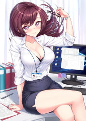 Rule 34 | 1girl, black bra, black skirt, bra, breasts, brown hair, cleavage, closed mouth, collarbone, collared shirt, desk, highres, indoors, ivenglynn, keyboard (computer), crossed legs, long hair, looking at viewer, monitor, nail polish, office lady, original, paper, pen, pencil skirt, pink eyes, pink nails, shirt, shirt tucked in, sitting, skirt, smile, solo, sticky note, unbuttoned, unbuttoned shirt, underwear, watch, white shirt, wing collar, wristwatch