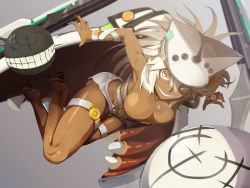 Rule 34 | 1girl, belt, belt bra, breasts, cape, cleavage, clover, colored eyelashes, dark-skinned female, dark skin, female focus, full body, ghgnvm, grey background, grin, guilty gear, guilty gear xrd, hat, highres, huge weapon, large breasts, long hair, muscular, muscular female, orange eyes, ramlethal valentine, sharp teeth, shiny skin, short shorts, shorts, simple background, smile, solo, teeth, thigh strap, thighs, toned, weapon, white hair