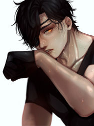 Rule 34 | 10s, 1boy, black gloves, black hair, blurry, chiyome (wavelove), closed mouth, depth of field, eyepatch, gloves, half gloves, highres, lips, looking at viewer, male focus, one eye covered, parted lips, shokudaikiri mitsutada, short sleeves, sketch, solo, touken ranbu, upper body, wet, wiping face, wiping sweat, yellow eyes
