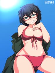 Rule 34 | 10s, 1girl, absurdres, bikini, black hair, blue eyes, blush, breasts, cameltoe, day, female focus, girls und panzer, glasses, groin, highres, large breasts, looking at viewer, looking down, navel, oryou (girls und panzer), red bikini, shiroobi (whitebeltmaster), short hair, sky, smile, solo, swimsuit