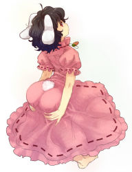 Rule 34 | 1girl, ahoge, animal ears, ass, barefoot, black hair, carrot necklace, dress, full body, inaba tewi, jewelry, looking at viewer, looking back, necklace, pendant, pink dress, rabbit ears, rabbit girl, rabbit tail, red eyes, short hair, short sleeves, simple background, sketch, solo, tail, touhou, urin
