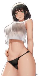 Rule 34 | 1girl, arm behind back, bare arms, bare shoulders, black bra, black hair, black panties, blush, bob cut, bra, breasts, chinese commentary, commentary request, cowboy shot, crop top, fubuki (one-punch man), green eyes, groin, hand on own stomach, highres, hua-j, large breasts, looking at viewer, medium breasts, navel, no pants, one-punch man, panties, parted lips, see-through, see-through shirt, shirt, short hair, simple background, smile, solo, standing, stomach, teeth, thighs, underwear, white background, white shirt