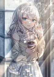 Rule 34 | 1girl, bag, blue eyes, blurry, blush, bokeh, coffee cup, cowboy shot, crossed bangs, cup, depth of field, disposable cup, floral print, grey hair, hair between eyes, hand up, handbag, highres, holding, holding cup, light particles, light rays, looking at viewer, off-shoulder sweater, off shoulder, parted lips, sakura (39ra), shirt, skirt, sleeveless, sleeveless shirt, smile, solo, sunbeam, sunlight, sweater, waving