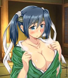Rule 34 | 1girl, absurdres, blue eyes, blue hair, blurry, blurry background, breasts, breath, cleavage, commentary request, green kimono, hair ribbon, headband, highres, indoors, japanese clothes, kantai collection, kimono, koutetunamekuji, large breasts, long hair, open clothes, open kimono, ribbon, solo, souryuu (kancolle), sweat, tatami, twintails, upper body