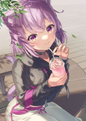 Rule 34 | 1girl, ahoge, animal ears, black choker, black hoodie, breasts, cat ears, cat girl, cat tail, choker, commentary, cup, day, disposable cup, drinking straw, highres, hiyorou, holding, holding cup, holding drinking straw, hololive, hood, hoodie, looking at viewer, medium breasts, nekomata okayu, nekomata okayu (1st costume), outdoors, pants, purple hair, short hair, sitting, smile, solo, tail, tree shade, virtual youtuber, white pants