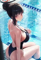 Rule 34 | 1girl, absurdres, alternate costume, alternate hairstyle, ass, black hair, black halo, black one-piece swimsuit, blue archive, blurry, blush, breasts, bright pupils, closed mouth, commentary, depth of field, from behind, hair bun, hallo (rltkdydrltk), halo, highres, large breasts, looking at viewer, looking back, one-piece swimsuit, pool, poolside, red eyes, rio (blue archive), single hair bun, solo, swimsuit, thighs, white pupils