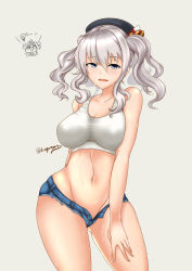 Rule 34 | 1girl, :d, arm behind back, bare shoulders, blue eyes, blush, bra, breasts, cleavage, contrapposto, cowboy shot, denim, denim shorts, gluteal fold, grey background, groin, hair between eyes, hand on thigh, highres, kantai collection, kashima (kancolle), kuga zankurou, large breasts, long hair, looking at viewer, micro shorts, open fly, open mouth, shorts, sidelocks, silver hair, simple background, smile, solo, sweat, thighs, tsurime, twintails, twitter username, underwear, wavy hair, white bra