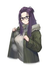 Rule 34 | 1girl, glasses, highres, jacket, kagamihara sakura, mikamata, purple eyes, purple hair, solo, sweater, yurucamp