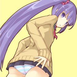 Rule 34 | 1girl, ass, blue eyes, blue hair, flat chest, kuro (be ok), long hair, long sleeves, matching hair/eyes, miniskirt, official alternate costume, panties, pantyshot, purple eyes, purple hair, simple background, skirt, sleeves past wrists, solo, sophie (tales), striped clothes, striped panties, sweater, tales of (series), tales of graces, twintails, underwear, upskirt, yellow background