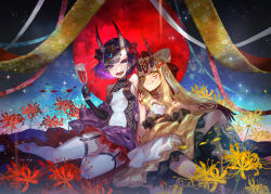 Rule 34 | 2girls, ankle ribbon, bare shoulders, blonde hair, bob cut, breasts, chrysanthemum print, closed mouth, cup, dress, drinking glass, emoillu, eyeliner, facial mark, fangs, fate/grand order, fate (series), floral print, flower, forehead, forehead mark, hair pulled back, hair ribbon, headpiece, highres, horns, ibaraki douji (fate), knee up, leg ribbon, legs, long sleeves, looking at viewer, makeup, multiple girls, off shoulder, oni, open clothes, open dress, open mouth, pointy ears, purple dress, purple eyes, purple hair, red ribbon, ribbon, seigaiha, short dress, short hair, shuten douji (fate), sitting, skin-covered horns, small breasts, smile, spider lily, tattoo, white ribbon, wide sleeves, yellow eyes, yellow flower, yellow spider lily