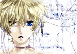 Rule 34 | 1boy, choker, collarbone, heterochromia, kagamine len, koshian (hishino), looking at viewer, male focus, parted lips, simple background, solo, teeth, upper body, vocaloid, white background