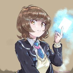 Rule 34 | 1girl, 250en remon, blue necktie, brown hair, card, glowing, heart, holding, holding card, looking at viewer, looking down, necktie, school uniform, shirt, short hair, signature, solo, sweater, torso, twitter username, upper body, white shirt, yellow eyes, yu-gi-oh!, yu-gi-oh! vrains, yuu-gi-ou, yuu-gi-ou vrains, zaizen aoi