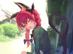 Rule 34 | 1girl, :d, animal ears, braid, cat ears, cat tail, commentary request, extra ears, highres, kaenbyou rin, kiritanpo117, long sleeves, looking at viewer, medium hair, multiple tails, nekomata, open mouth, outdoors, red eyes, red hair, side braids, smile, solo, tail, touhou, twin braids, two tails