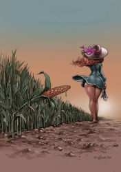 Rule 34 | 1girl, 2014, after masturbation, ass, barefoot, blue dress, brown hair, corn, corn cob, corn field, dress, food, food insertion, from behind, full body, hat, highres, holding, holding shoes, long hair, meme, no panties, object insertion, original, outdoors, pussy juice, shoes, signature, solo, sun hat, toni greis, vaginal, vaginal object insertion, walking, walking away, wide hips