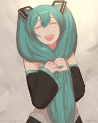 Rule 34 | 10s, 1girl, 2015, :d, blush, dated, detached sleeves, closed eyes, hatsune miku, highres, long hair, open mouth, rokka (gipsyroad), smile, solo, twintails, twitter username, very long hair, vocaloid