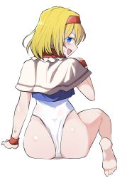 Rule 34 | 1girl, absurdres, alice margatroid, ass, blonde hair, blue eyes, bow, hair bow, highres, legs, leotard, looking at viewer, looking back, naughty face, sei (kaien kien), short hair, sitting, smile, solo, thighs, touhou
