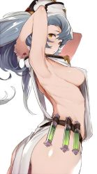 Rule 34 | 10s, 1girl, arched back, armpits, arms up, ass, belt, blue hair, breasts, flat ass, granblue fantasy, hat, long hair, looking at viewer, no bra, shinjiro, shiny skin, sideboob, simple background, sleeveless, solo, sophia (granblue fantasy), twintails, vial, white background, yellow eyes